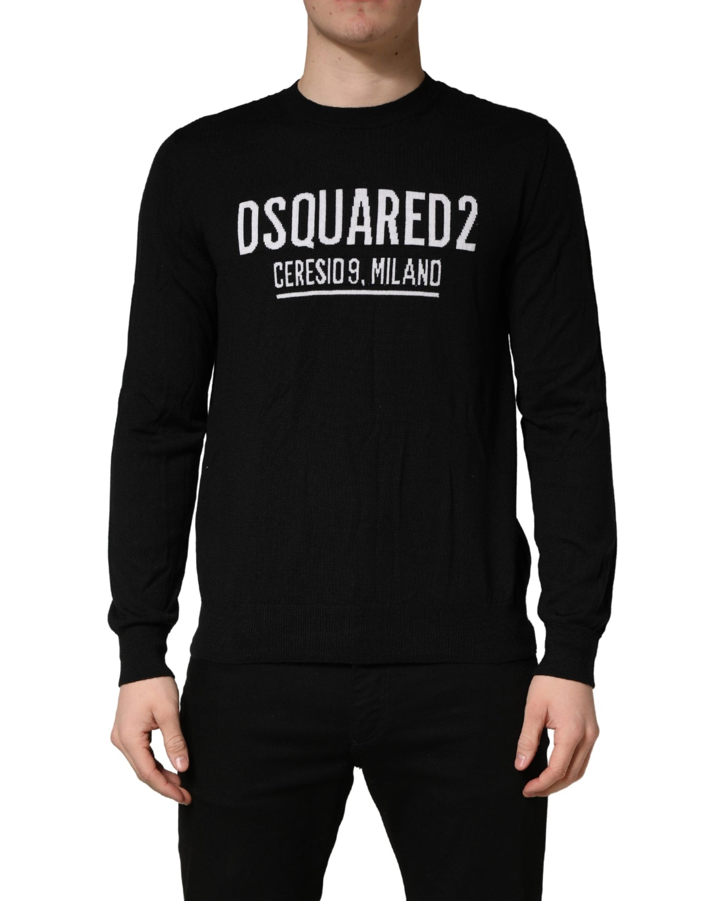 Black Logo Knitted Crew Neck Men Pullover Sweater