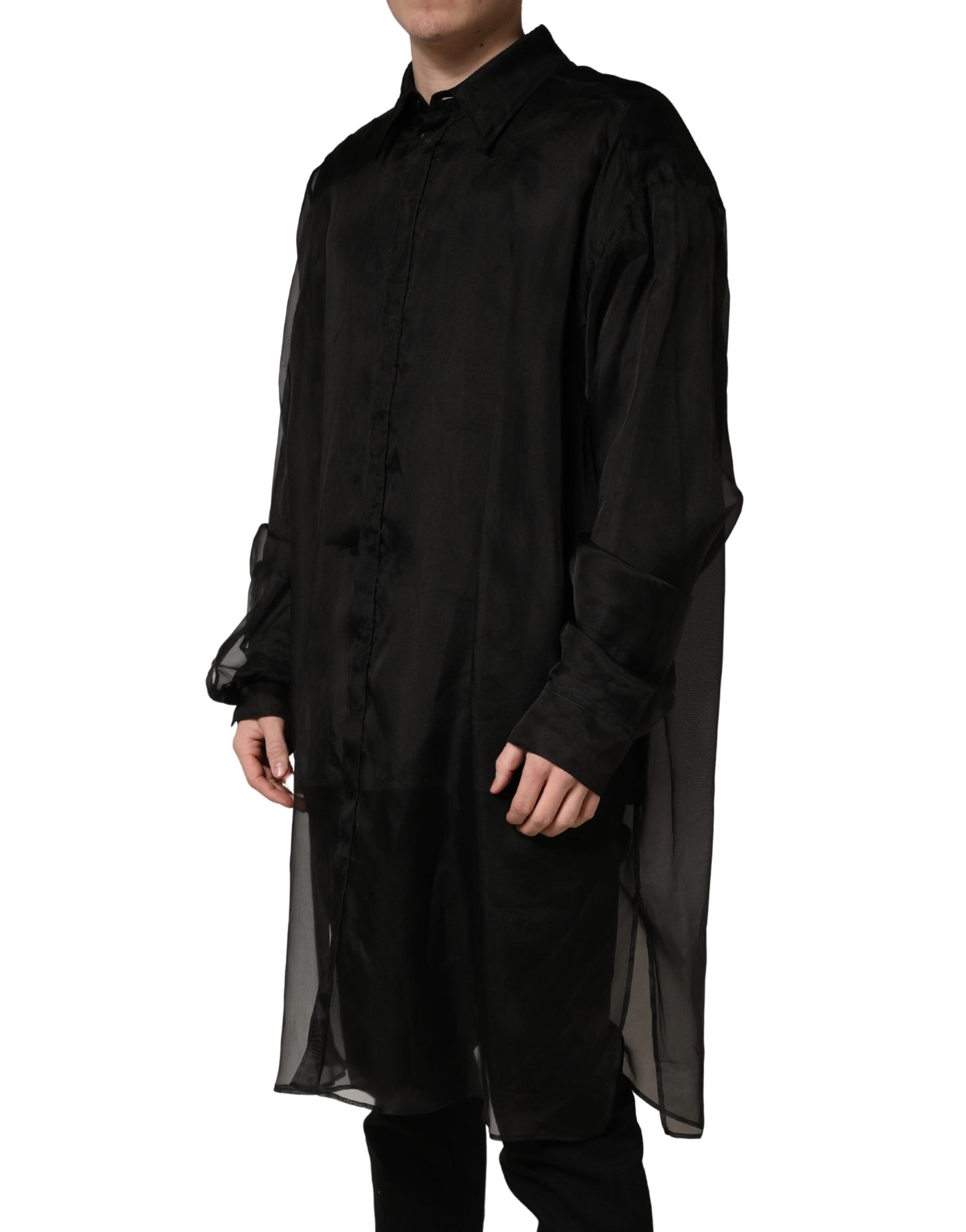 Black Ruffle Detail Semi Sheer Shirt Jacket