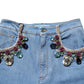 Blue Embellished Denim Wide-Leg Crop Jeans