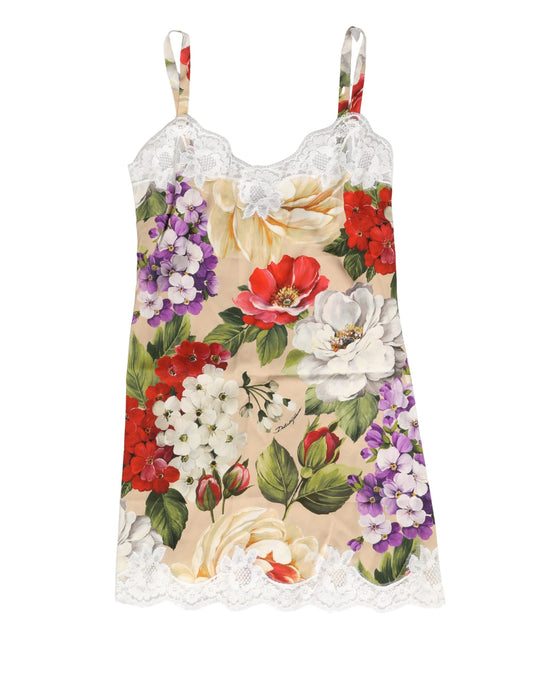 Beige Floral Silk Tank Short Chemise Sleepwear