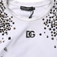 White Rhinestones Sleeveless Round Neck T-shirt