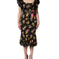Black Purple Crystal Brooch Silk Midi Dress