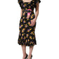 Black Purple Crystal Brooch Silk Midi Dress