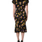 Black Purple Crystal Brooch Silk Midi Dress