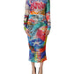 Multicolor Graffiti Print Tulle Sheath Midi Dress