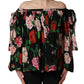 Black Rose Print Silk Off The Shoulder Blouse Top