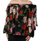 Black Rose Print Silk Off The Shoulder Blouse Top