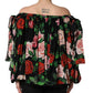 Black Rose Print Silk Off The Shoulder Blouse Top