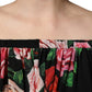 Black Rose Print Silk Off The Shoulder Blouse Top