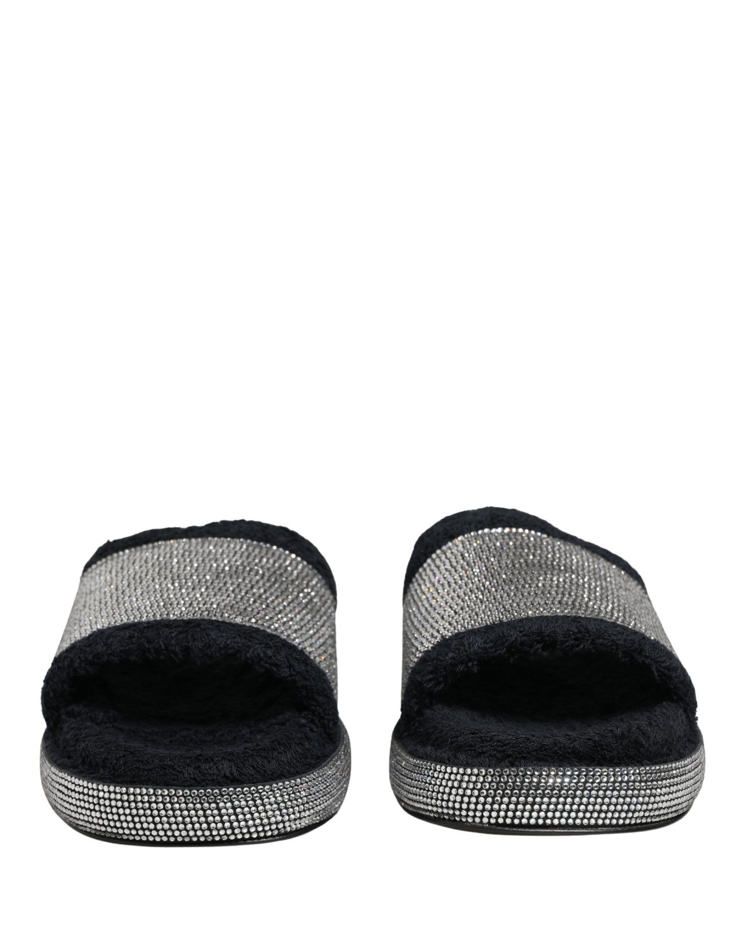Black Crystal Embellished Platform Slides Shoes