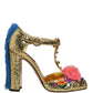 Gold Fur Trim Glitter T-strap Sandals Shoes