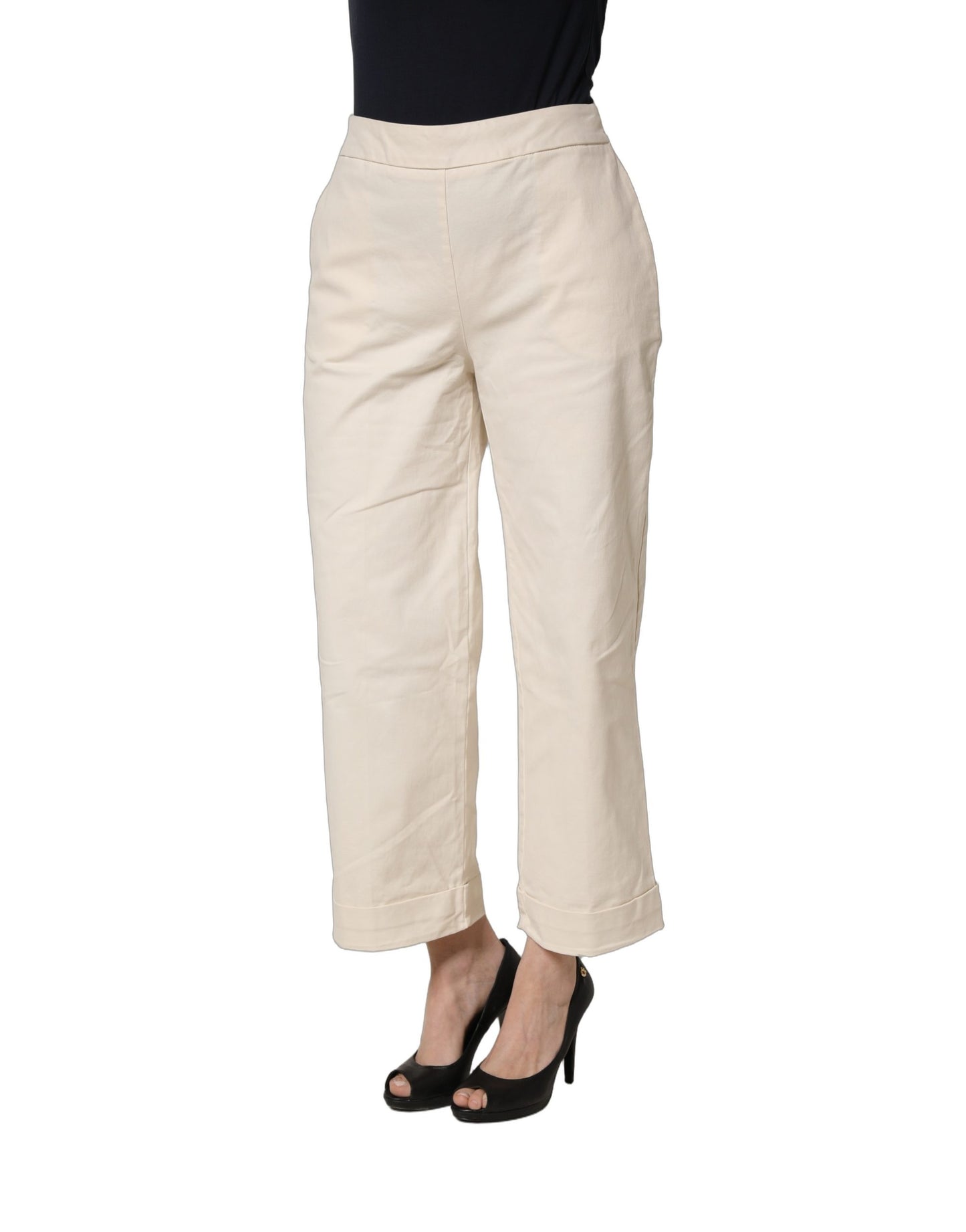 Beige High Waist Straight Capri Cropped Trouser Pants