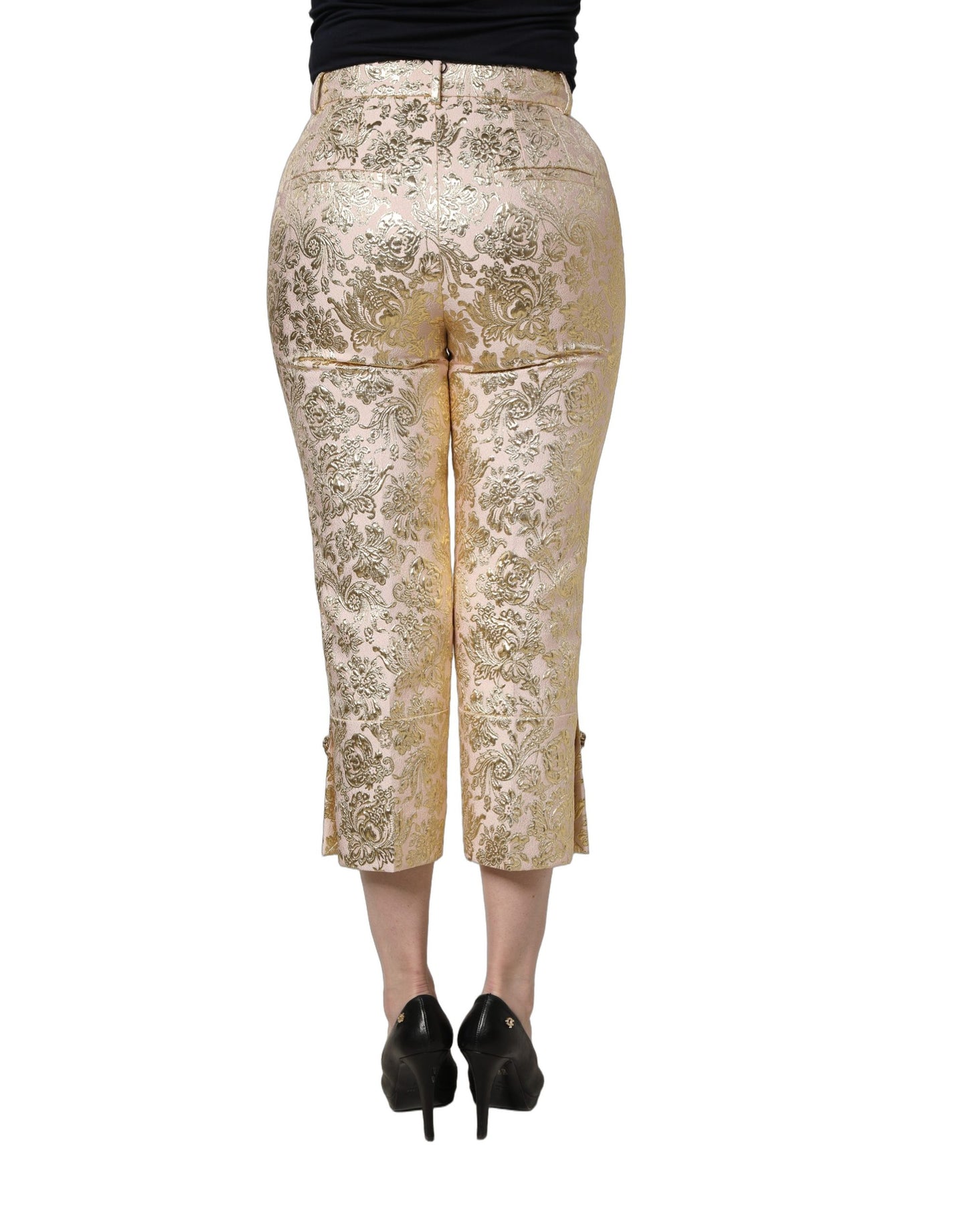 Gold Jacquard Floral Lamé Crop Trouser Pants