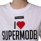 White I Love Supermodel Cotton Crew Neck T-shirt