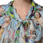 Light Blue Floral-Print Chiffon Blouse Top