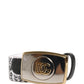 White Graffiti Print Gold Metal Buckle Belt