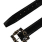 Black Leather Crystal Metal Buckle Belt