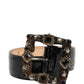 Black Leather Crystal Metal Buckle Belt