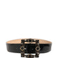 Black Leather Crystal Metal Buckle Belt