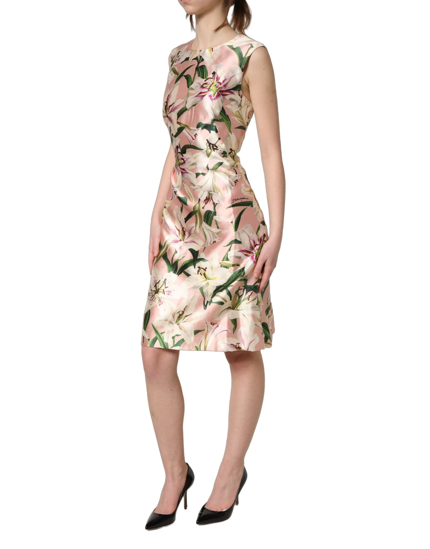 Light Pink LilyPrint Sleeveless Sheath Dress