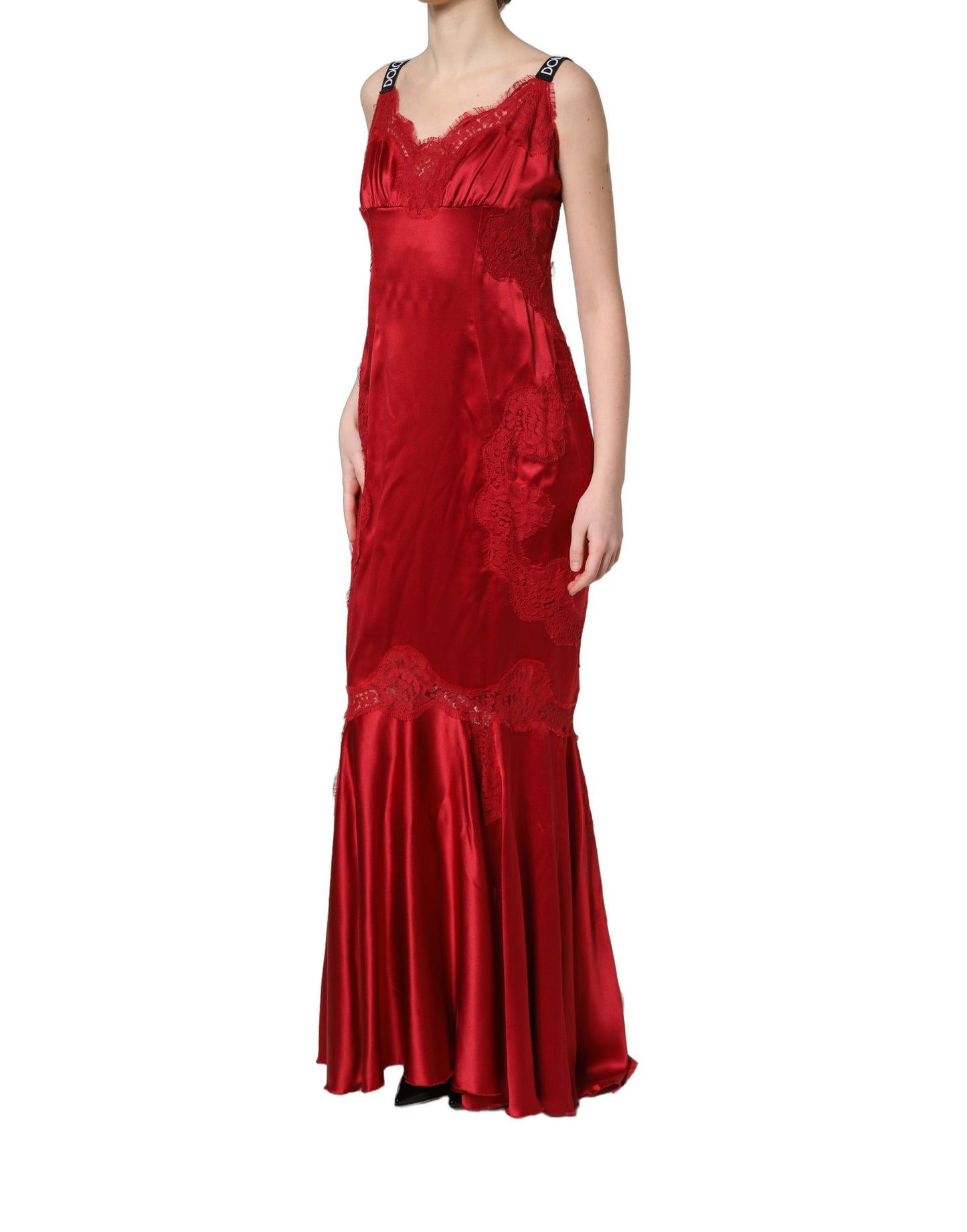 Red Silk Sleeveless Maxi Long Lace Trim Dress