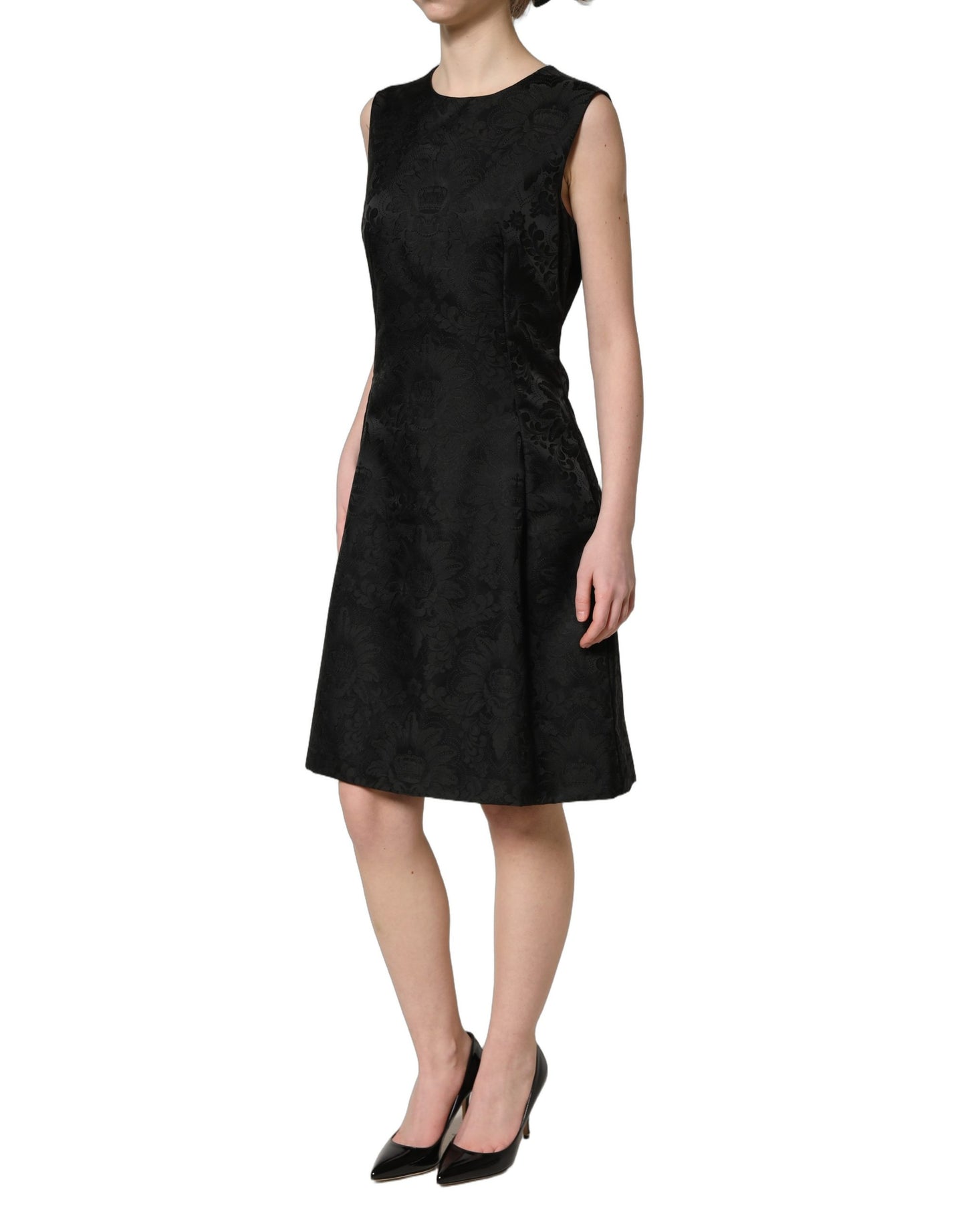 Black Floral Jacquard Sleeveless A-line Dress