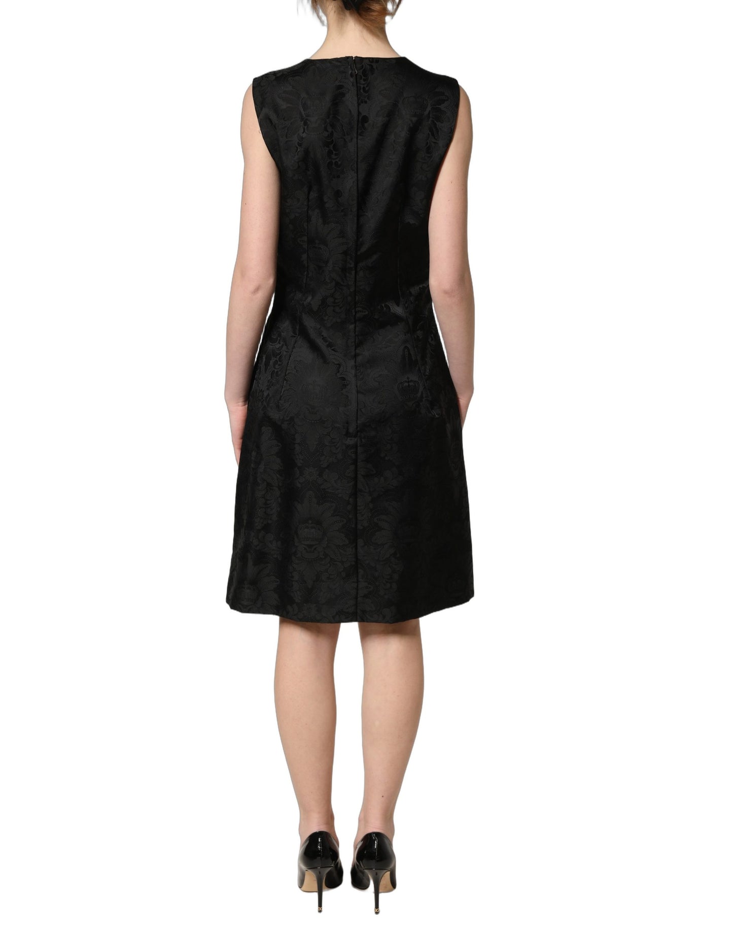Black Floral Jacquard Sleeveless A-line Dress