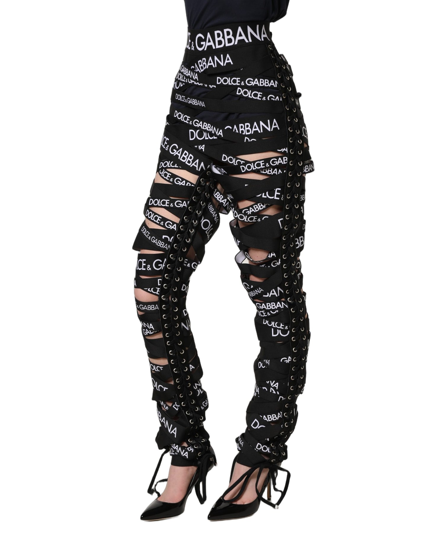 Black Logo Tape Cut Out Skinny High Waist Pants