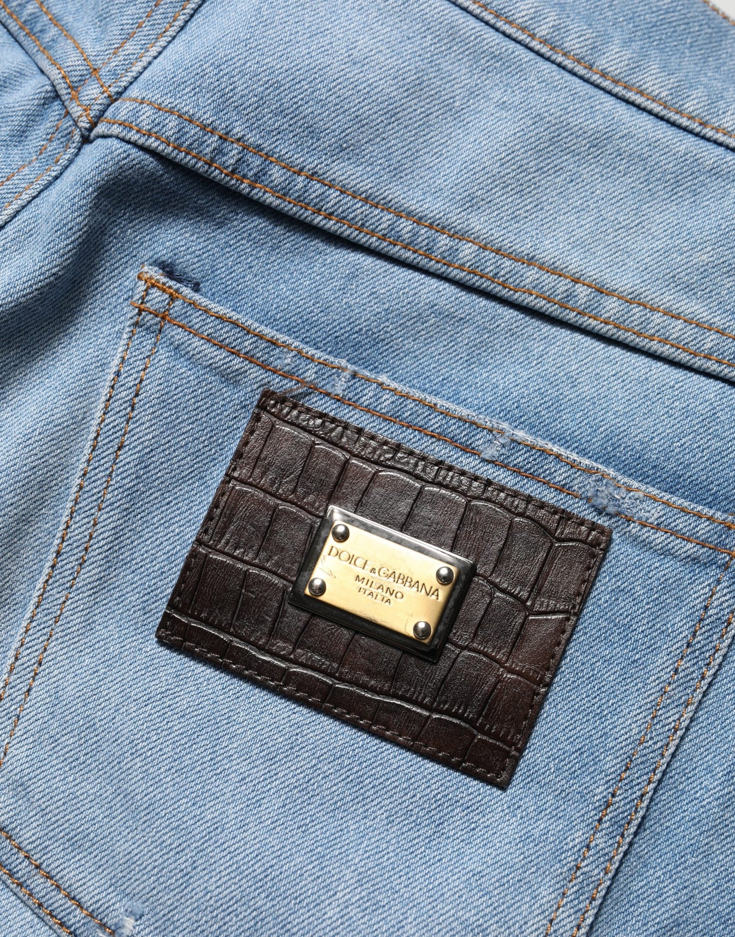 Blue Distressed Pleated Cotton Denim Jeans
