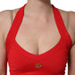 Red Viscose Sleeveless Halter Crop Tank Top