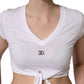 White Logo Embroidered Tie Waist Cropped Top