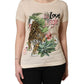 Beige Jungle Print Cotton Round Neck T-Shirt