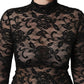 Black Floral Lace Turtle Neck Long Sleeve Top