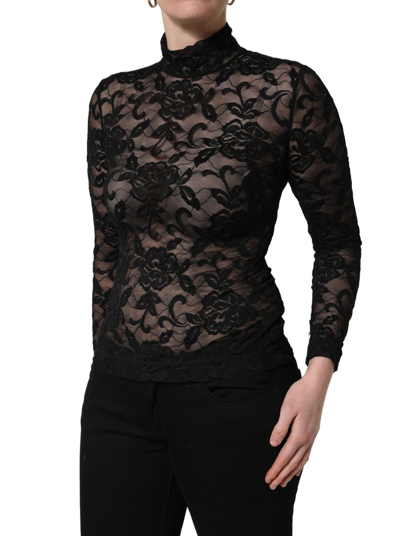 Black Floral Lace Turtle Neck Long Sleeve Top