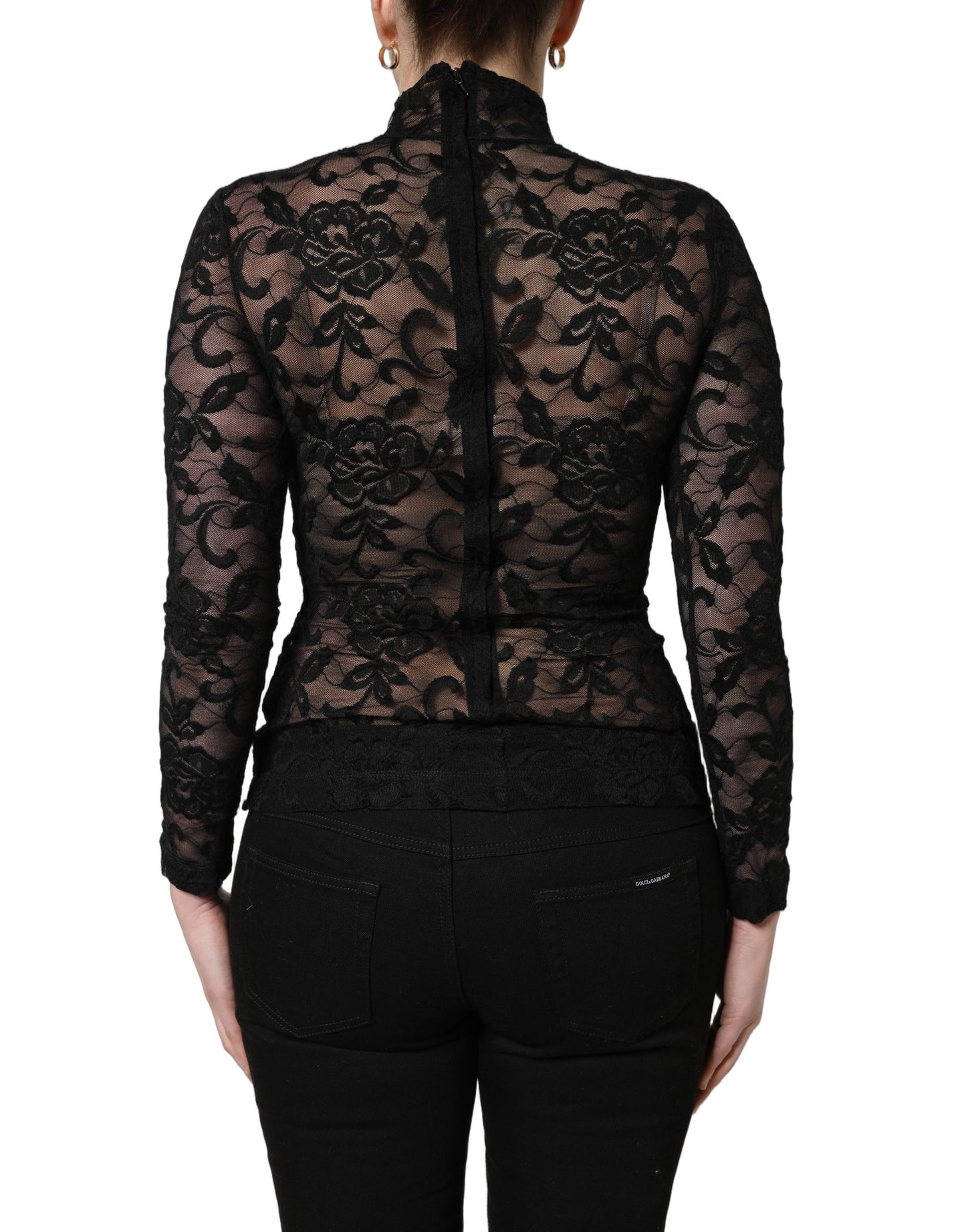 Black Floral Lace Turtle Neck Long Sleeve Top
