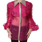 Fuchsia Sheer Chiffon Buttoned Blouse Top