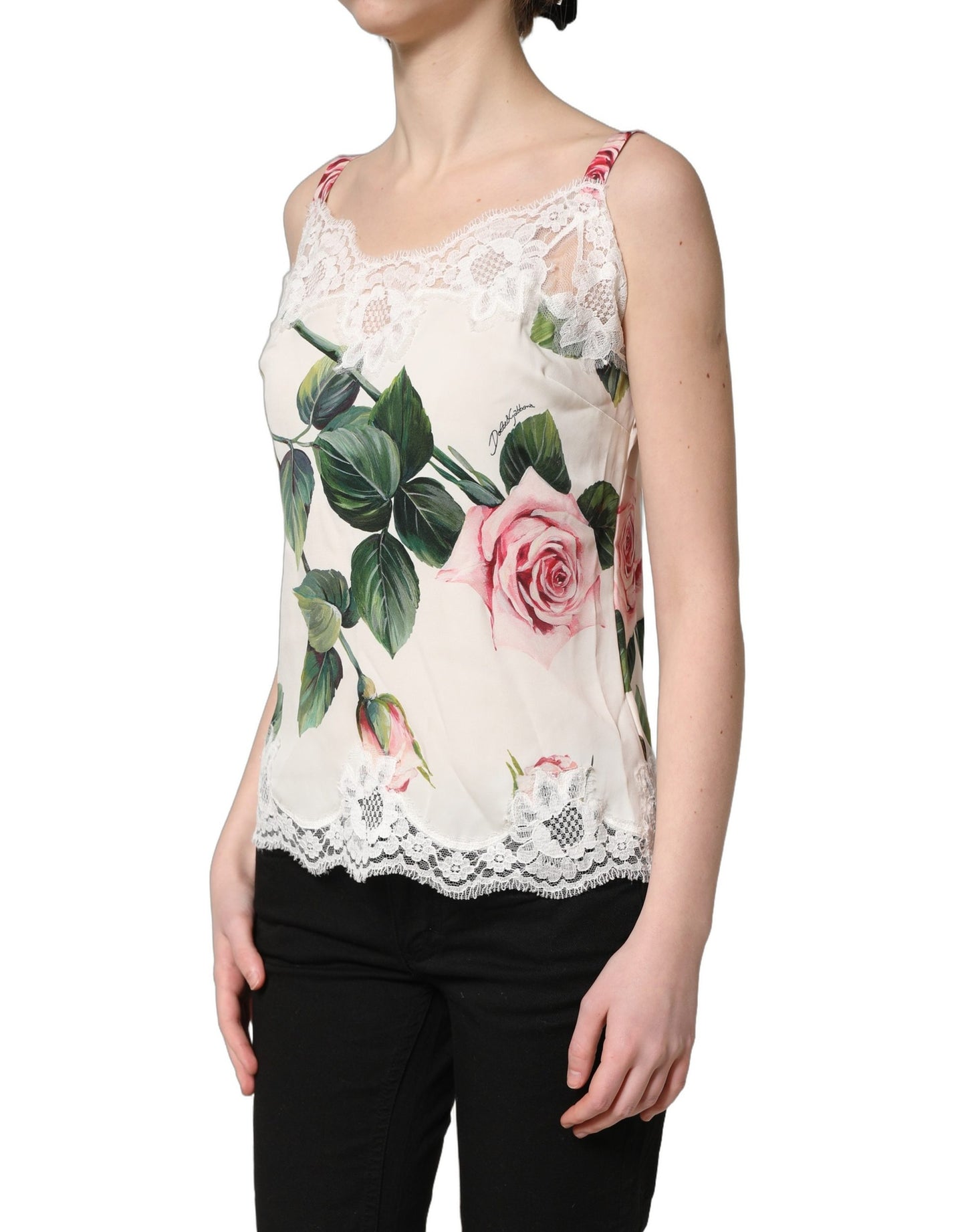 White Rose Print Lace Silk Camisole Tank Top