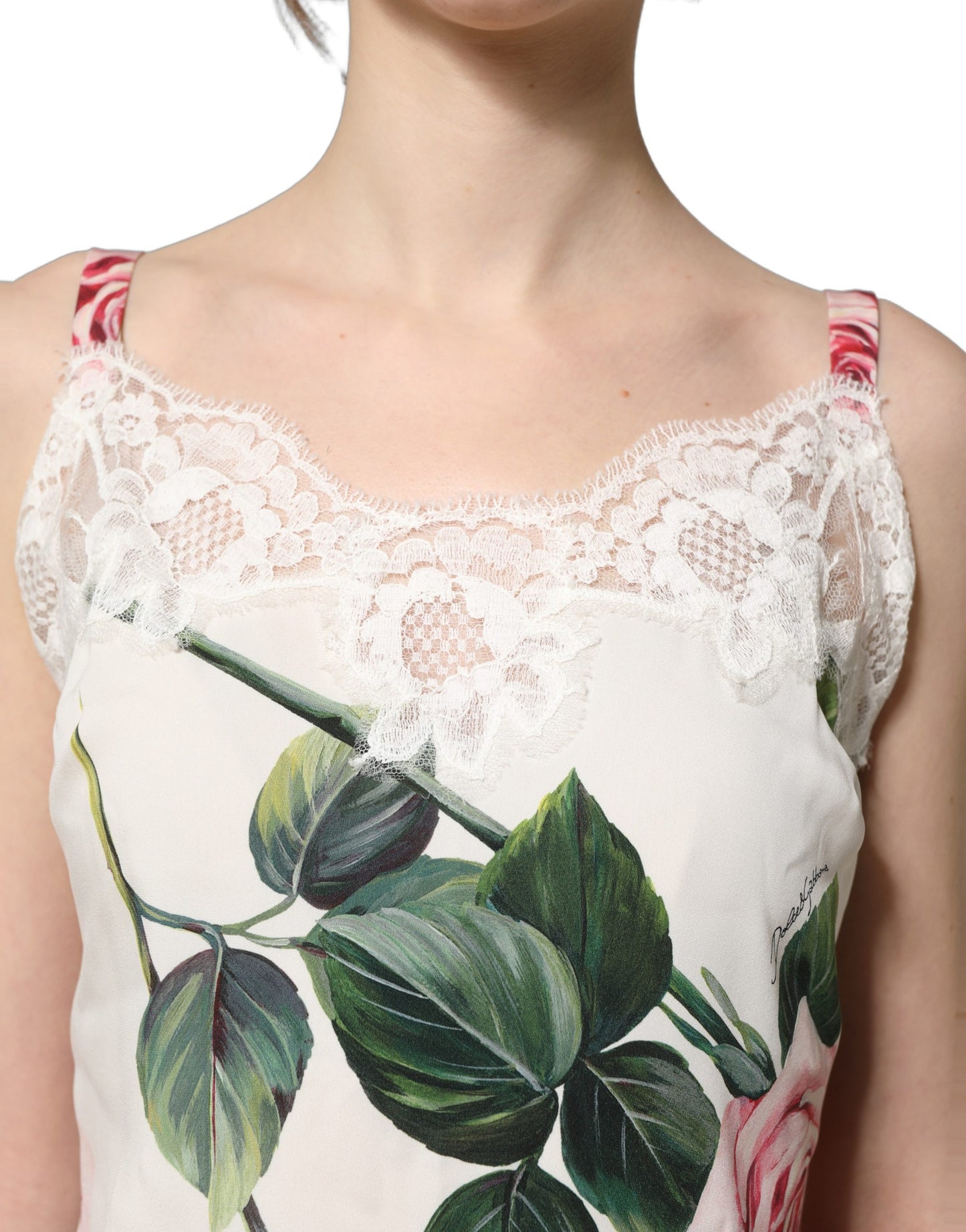 White Rose Print Lace Silk Camisole Tank Top