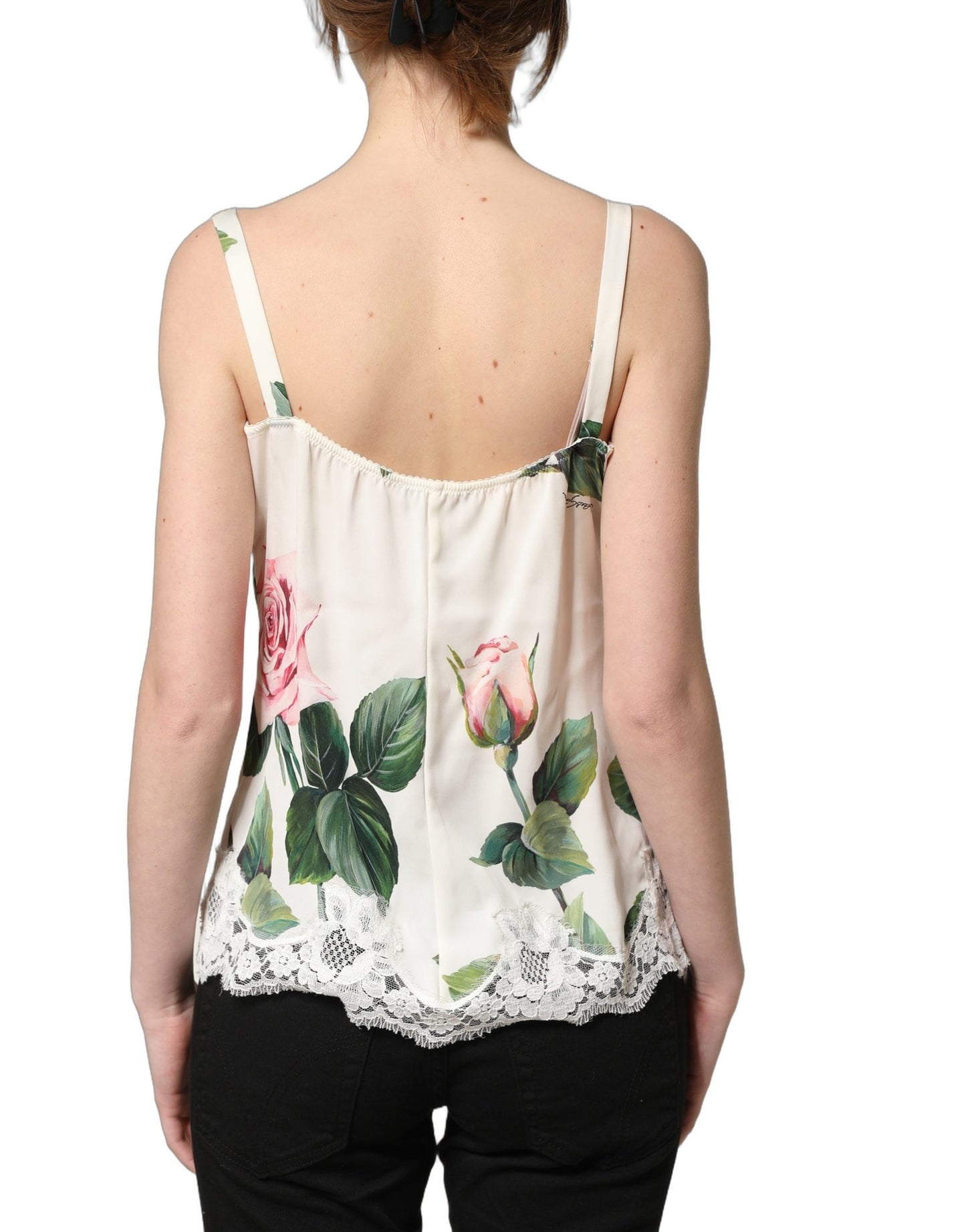 White Rose Print Lace Silk Camisole Tank Top