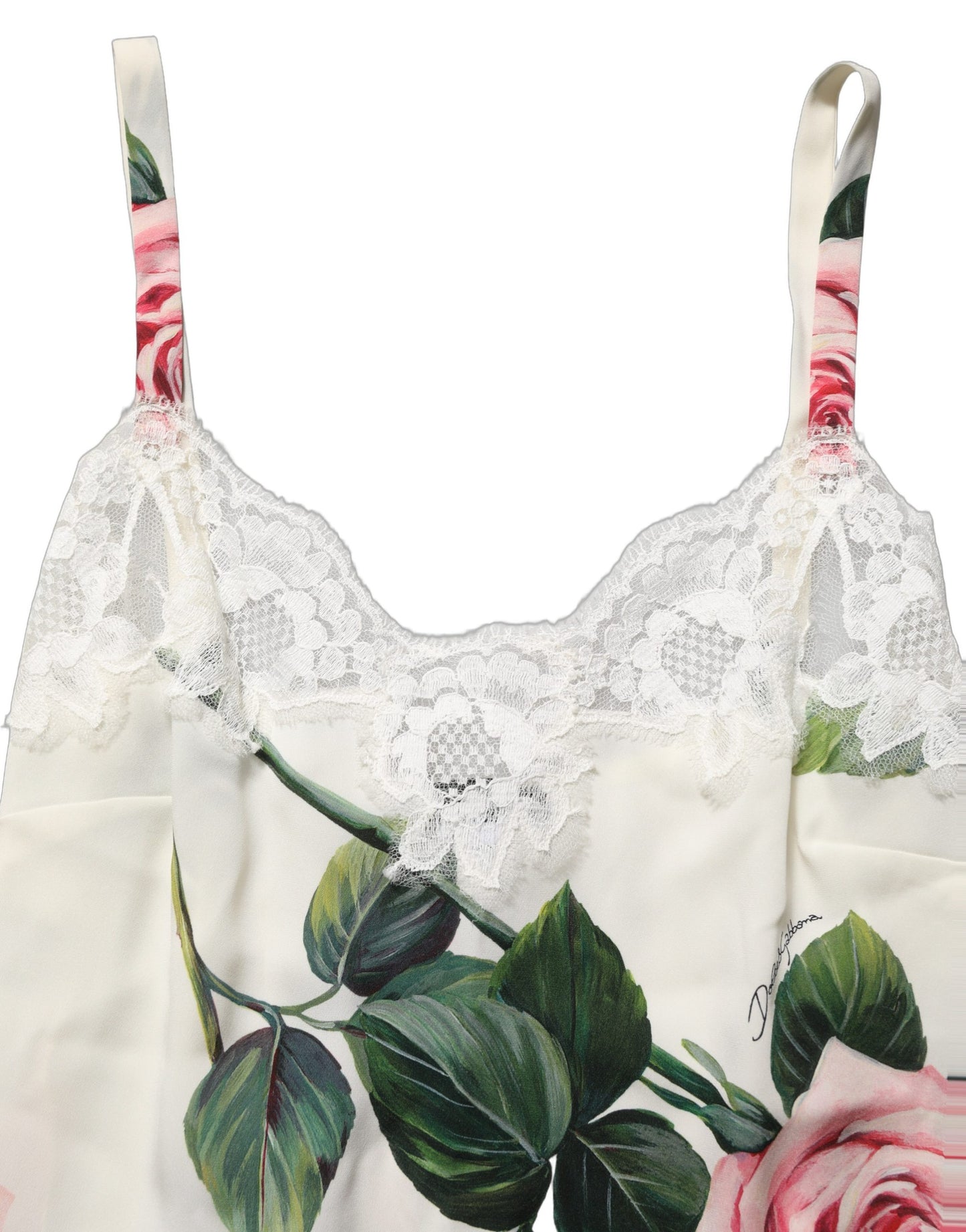 White Rose Print Lace Silk Camisole Tank Top