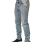 Blue Washed Mid Waist Straight Men Denim Jeans