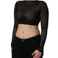 Black Nylon Fishnet Long Sleeve Cropped Top