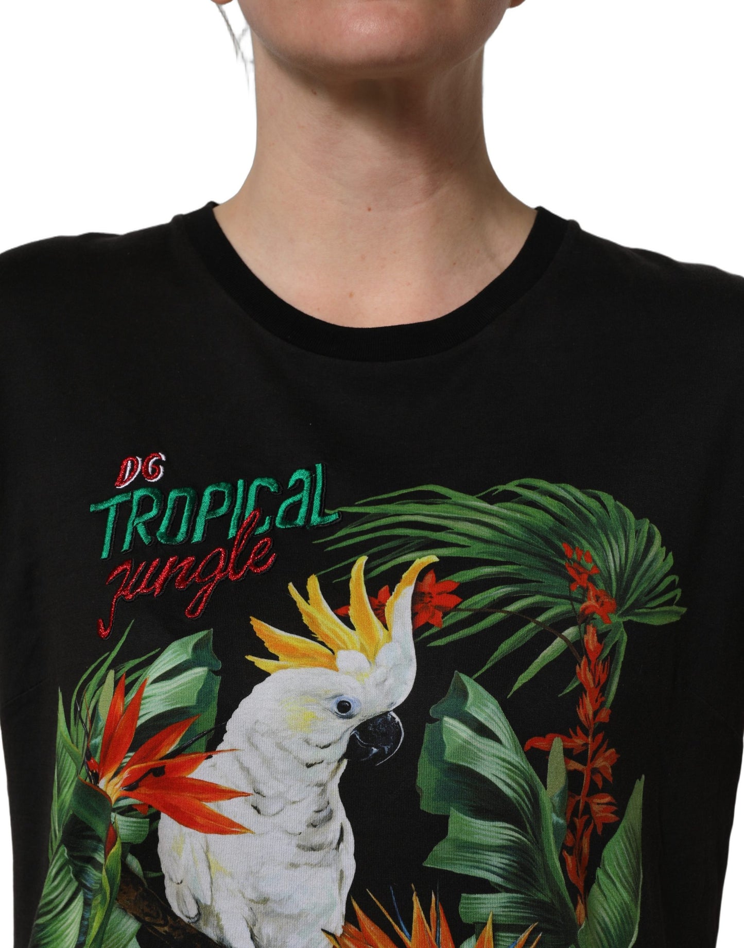 Black Tropical Jungle Round Neck T-shirt