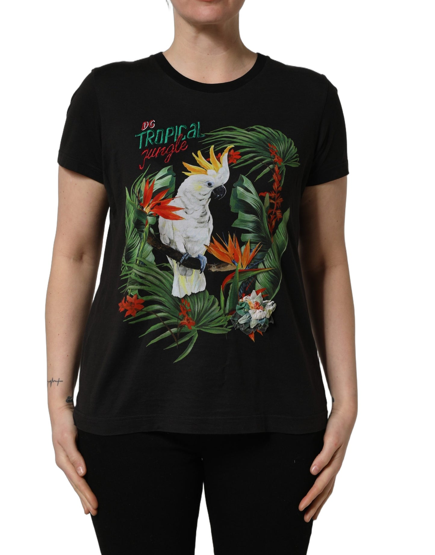 Black Tropical Jungle Round Neck T-shirt