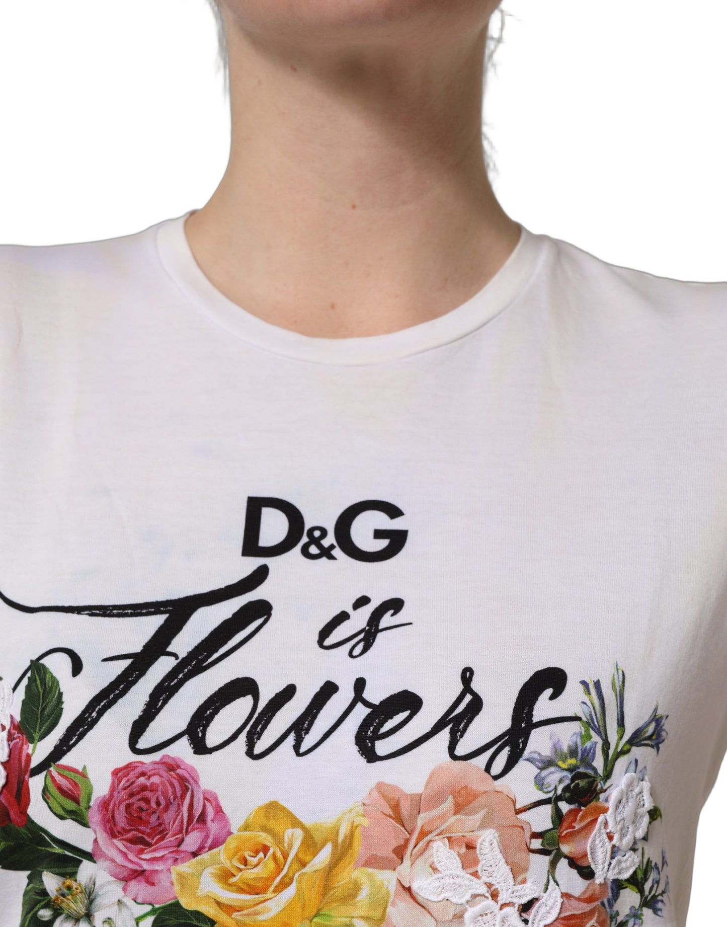 White D&G is Flowers Print Round Neck T-shirt