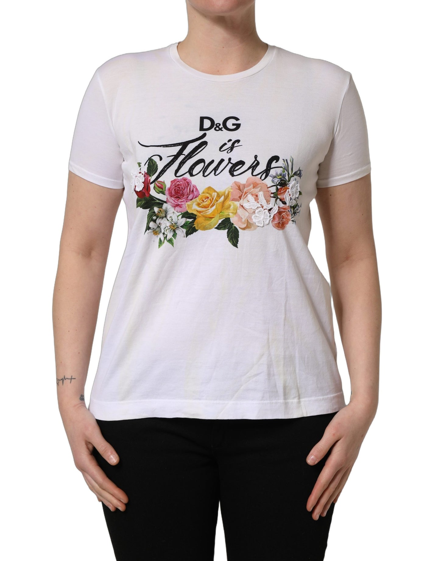 White D&G is Flowers Print Round Neck T-shirt