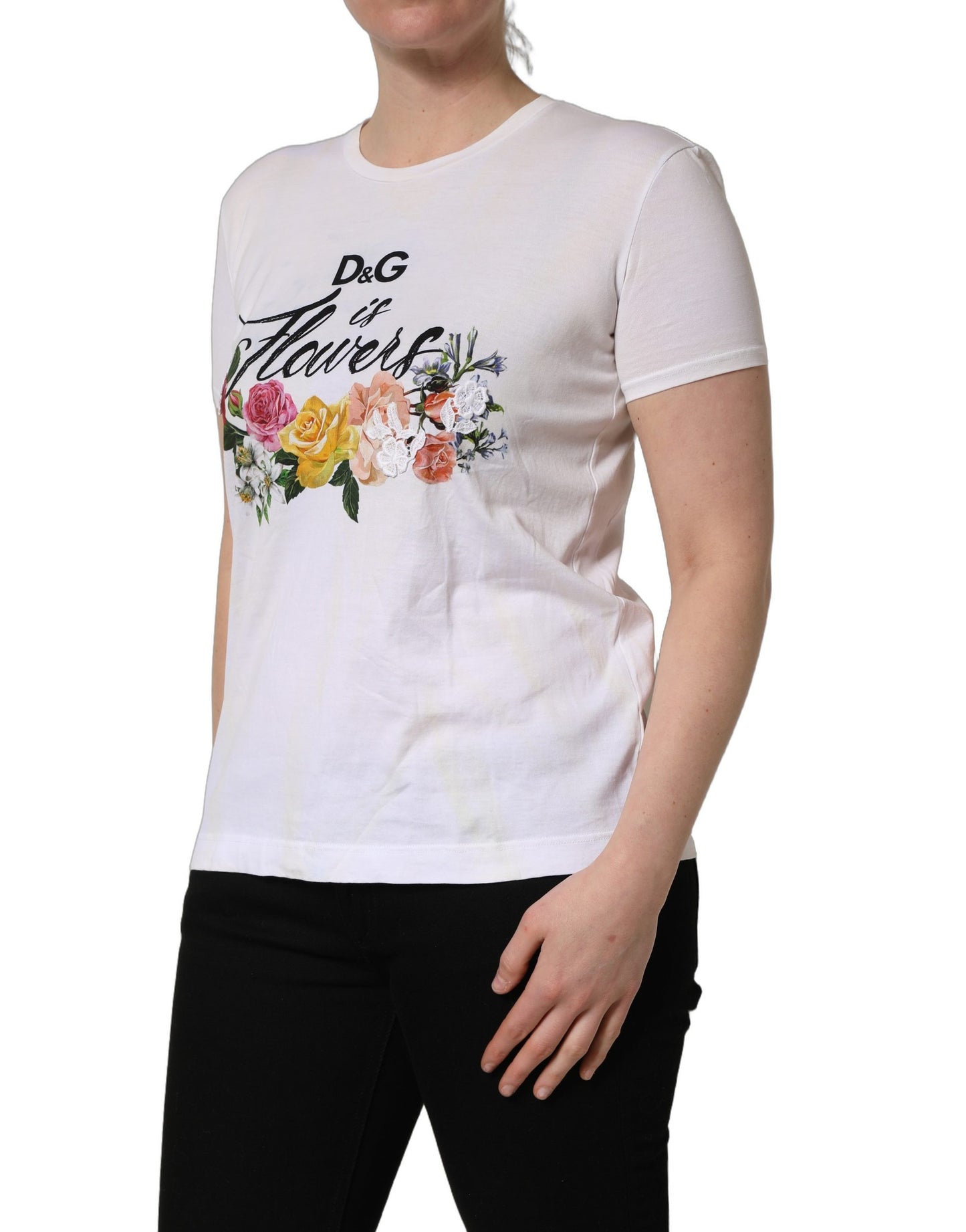 White D&G is Flowers Print Round Neck T-shirt
