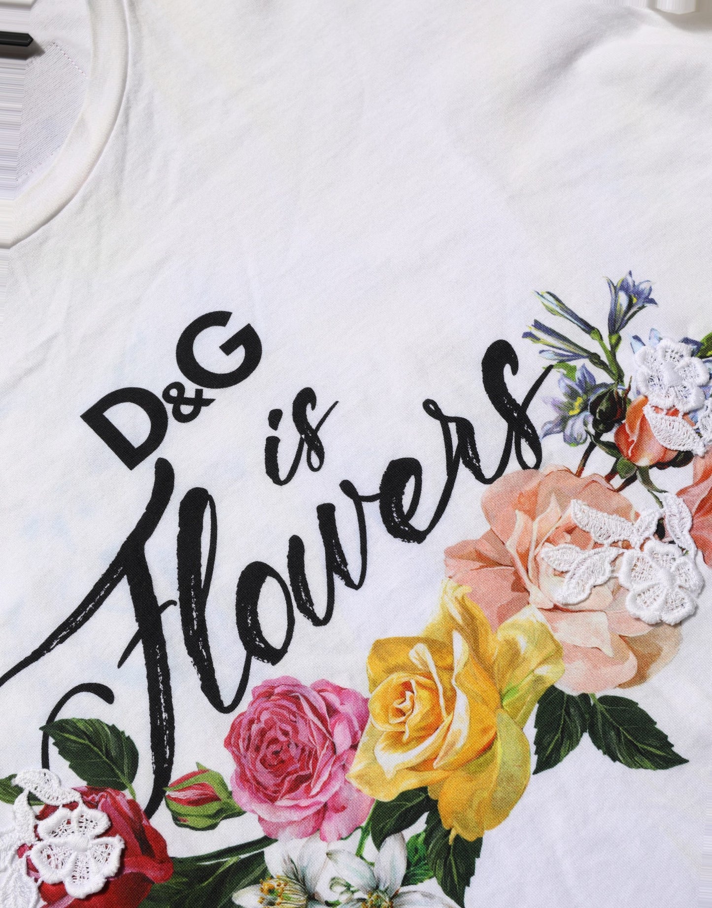 White D&G is Flowers Print Round Neck T-shirt