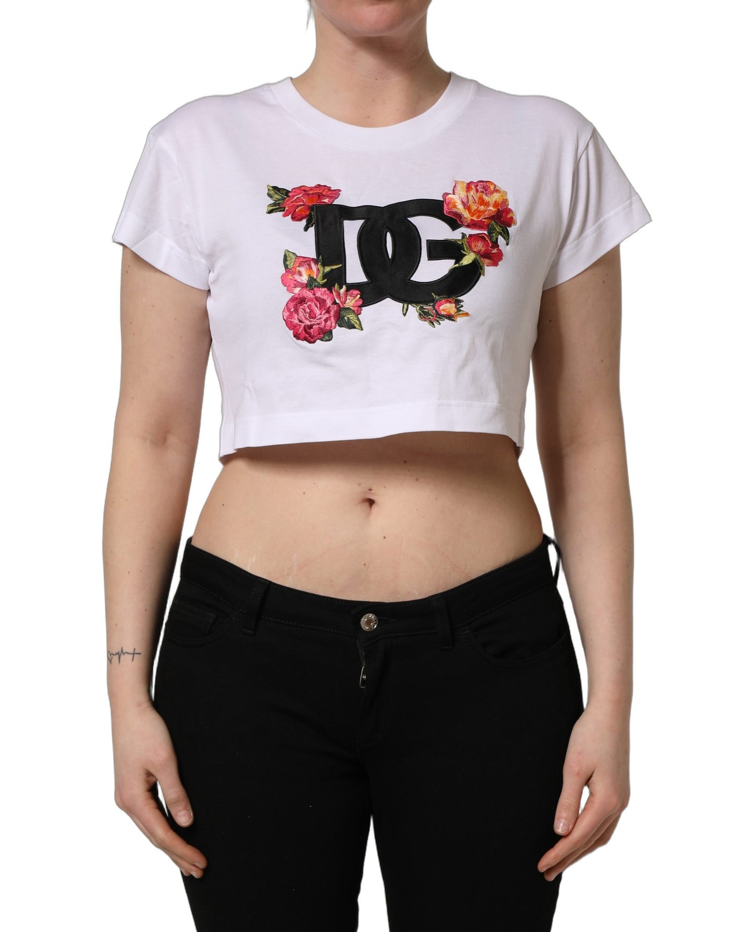 White DG Floral Cotton Jersey Crop T-shirt