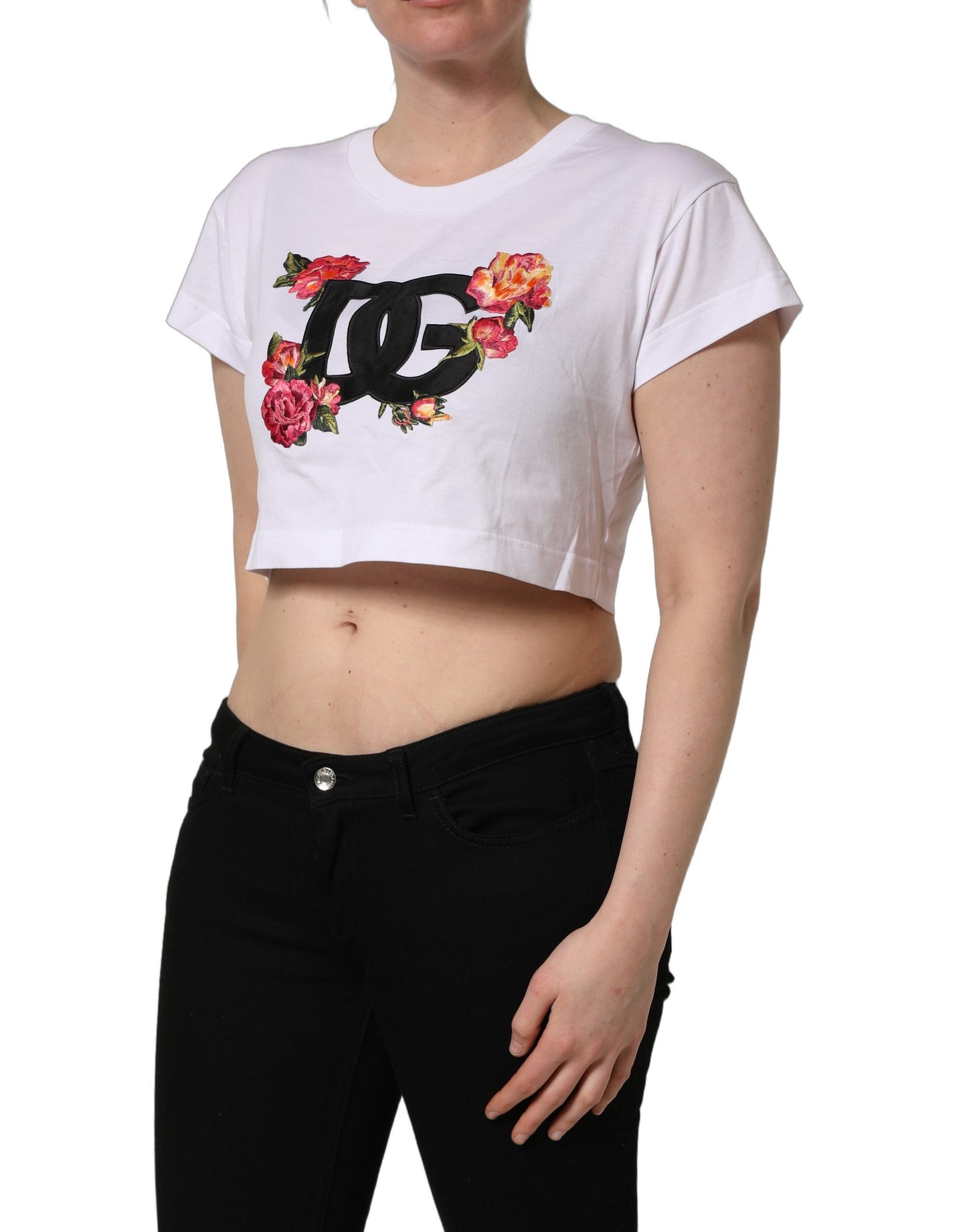 White DG Floral Cotton Jersey Crop T-shirt